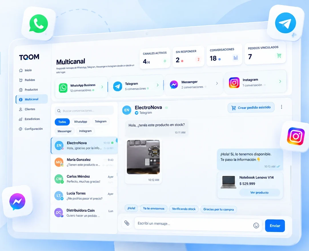 Interfaz ilustrativa de la bandeja Multicanal TQOM y los iconos de WhatsApp Business, Telegram, Messenger e Instagram