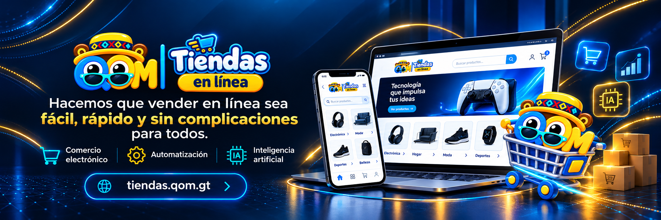Tiendas en línea QOM, tecnología, automatización e inteligencia artificial, con tienda digital en computadora y teléfono